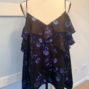 Express Black Cami Top with Blue Floral Ruffle